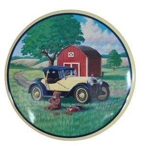 Vintage Cookie Tin Model T Ford Round Farm Red Barn Classic Antique Yellow Nice!